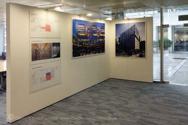 wall partition, wall partitions, wall partitionstemporary - portable - movable in the exhibition space at the 'UBS Bank' in London, the architects created a gallery to show the building design. ( photographic images, architectural layouts, various materials)