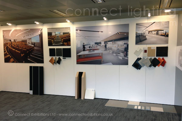 lighting system, lighting systems at an exhibition at 'UBS Bank Building' in London, the exhibition boards and lighting created a space for architects to display their work. (digital screens, photographs, prints, multi-media)