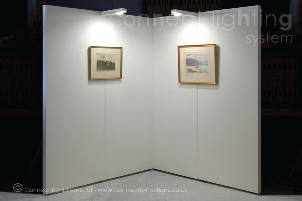 lighting system, lighting systems - The 'Connect Boxlight', a private exhibition, corner exhibition boards with two lights. (water colours).